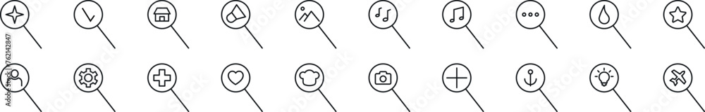 Poster pack of line icons of items in magnifying glass. editable stroke. simple outline sign for web sites,