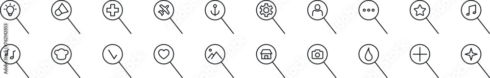 Poster collection of outline symbol of items in magnifying glass. editable stroke. simple linear illustrati