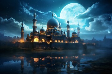 a large building with domes and a moon in the sky