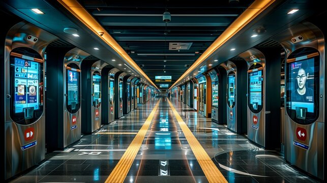 Multiple Screen-Lined Hallway Showing Various Data Streams