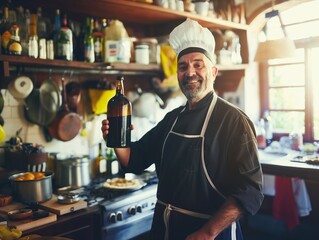 italian handsome chef,Balsamic vinegar bottle in hand