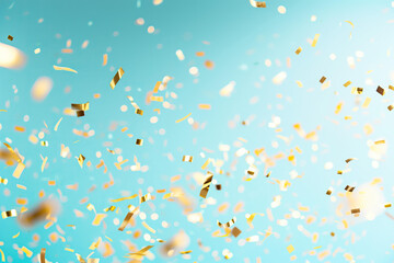
festive golden and colotful blured confetti flying on a pastel blue background