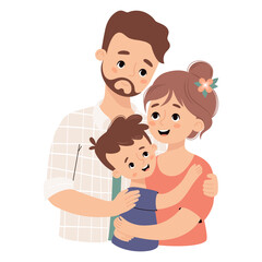 Obraz premium Happy family. Cute bearded man father tenderly hugs his wife and son. Vector illustration
