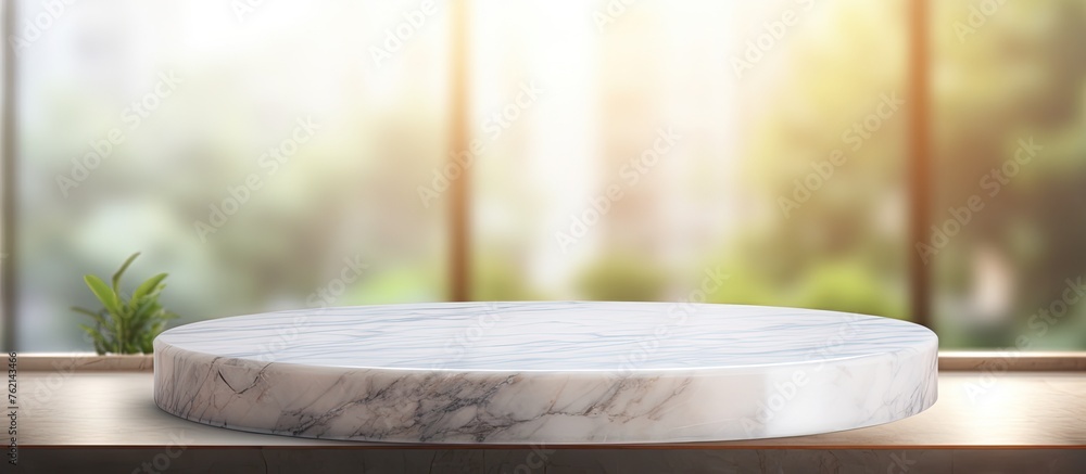 Poster a rectangular wooden table displays a marble podium in front of a window, surrounded by tints of gre