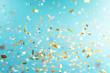 
festive golden and colotful blured confetti flying on a pastel blue background