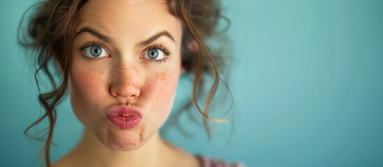 Woman making a playful face on a teal background.