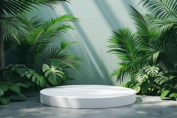 White cylindrical display podium surrounded by tropical green leaves on a teal background. Product presentation, nature-inspired showcase, and botanic exhibition concept for design and advertisement