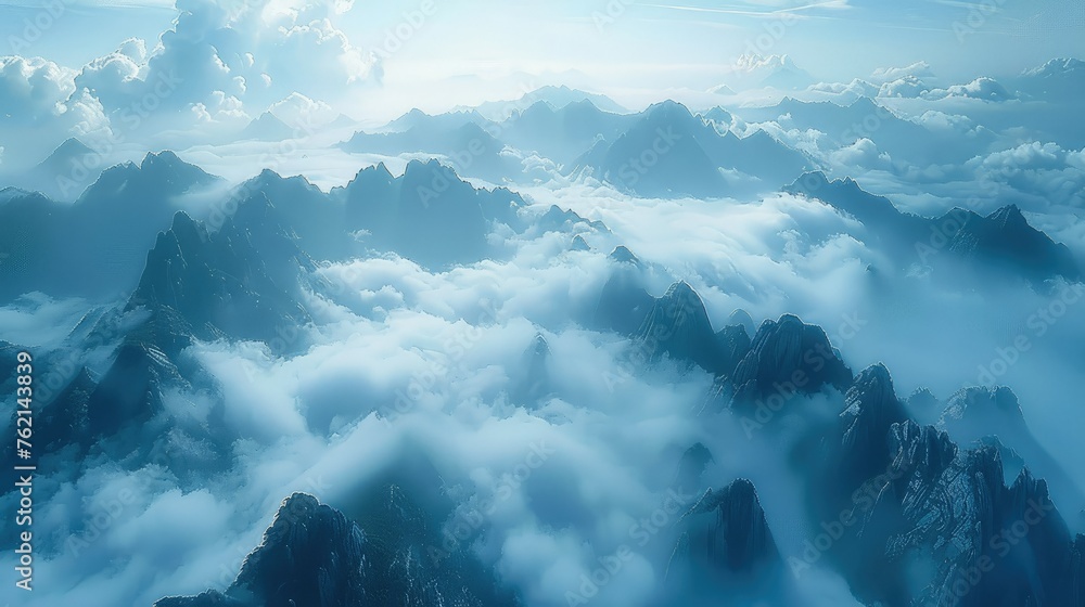 Poster mountains shrouded in clouds and mist with a light blue. generative ai.