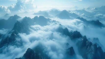 Mountains shrouded in clouds and mist with a light blue. Generative AI.