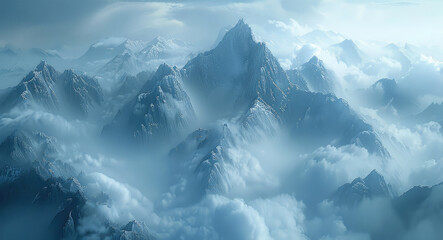 Fototapeta na wymiar Mountains shrouded in clouds and mist with a light blue. Generative AI.
