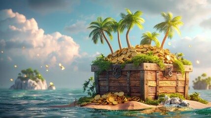 Treasure chest with gold coins on the island background - obrazy, fototapety, plakaty
