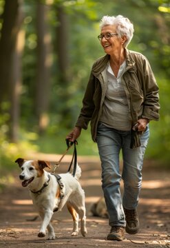 Happy senior woman walking dog.