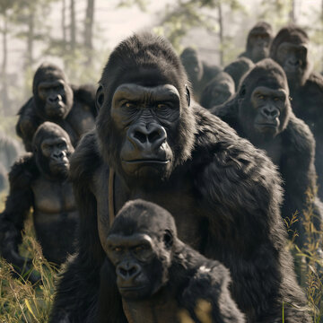 Pack of gorrilas in jungle, gorilla looking angry in jungle