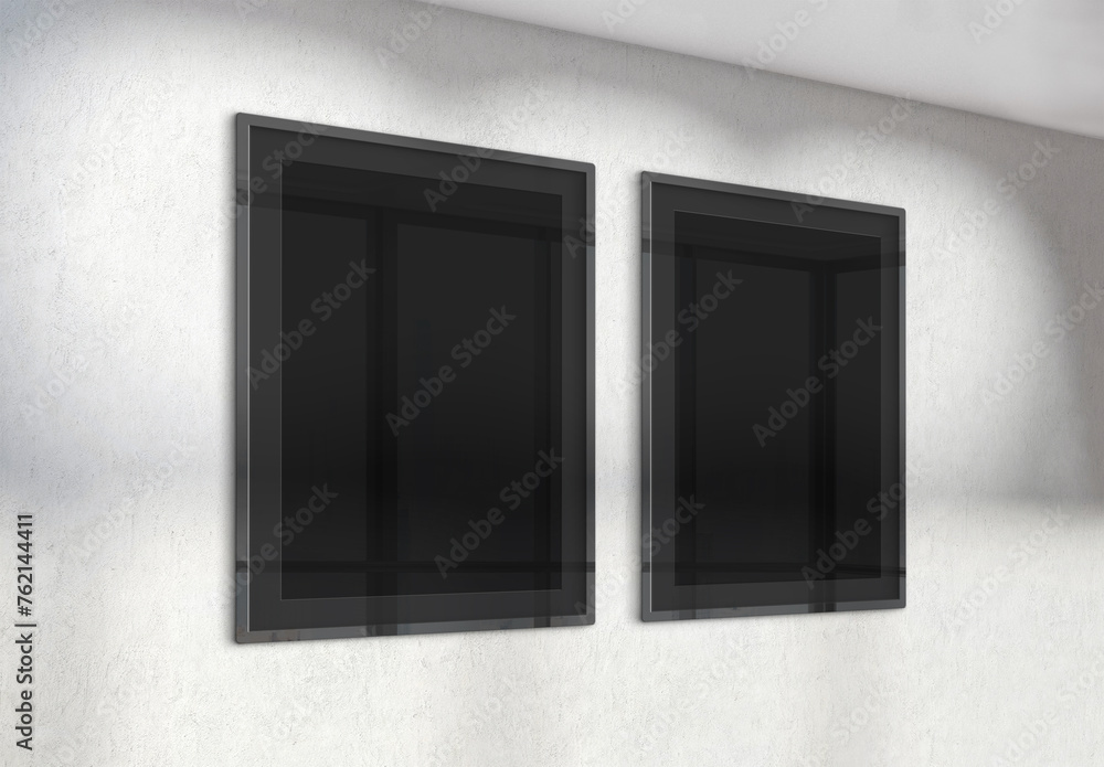 Poster two vertical frames mockup hanging on wall. mock up of billboards in modern concrete office interior