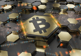 Bitcoin icon creativity concept engraved on metal hexagonal pedestral background. Crypto currency symbol glowing on abstract digital surface. 3d rendering - 762144407