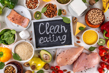 Clean Eating Diet foods background - obrazy, fototapety, plakaty