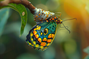 Colorful butterfly emerging from cocoon, symbolizing transformation and new beginnings. Suitable for nature, growth, and celebration themes.