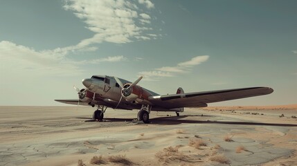 Fototapeta na wymiar A vintage propeller airplane parked on a deserted airstrip in the desert, its weathered aluminum body and faded insignias telling the story of past adventures amidst the vast expanse of sand dunes.