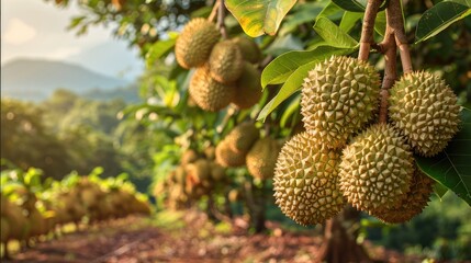 The exotic appeal of a durian orchard at farm. Generative AI. - obrazy, fototapety, plakaty