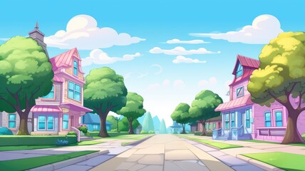 cartoon neighborhood with charming houses and a clear sky