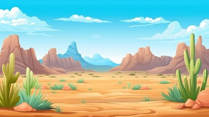 cartoon desert cartoon with rocky formations, cacti, and a clear blue sky