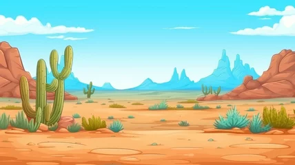 Poster cartoon desert cartoon with rocky formations, cacti, and a clear blue sky © chesleatsz