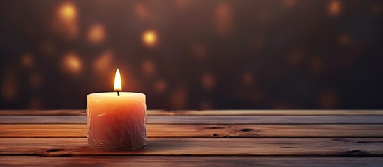 A flickering flame from a lit candle illuminates the hardwood table, casting tints and shades in still life photography. The heat warms the room in this cozy event - Powered by Adobe