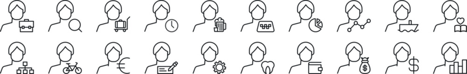 Collection of thin signs of items. Editable stroke. Simple linear illustration for stores, shops, banners, design