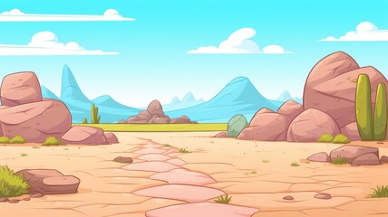 cartoon desert path with cacti and mountains under a clear sky