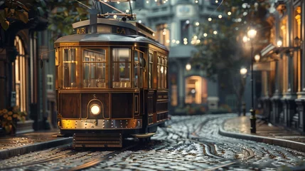 Fotobehang A vintage trolley car rumbling along historic cobblestone streets, its wooden interior and brass fittings transporting passengers back in time as it navigates the bustling cityscape. © AI Artistry Atelier