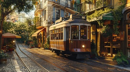 A vintage tramcar rattling along cobbled streets lined with colorful townhouses, its wooden...
