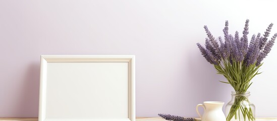 A rectangular wooden picture frame sits on the table next to a vase of lavender houseplant, adding...