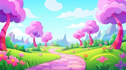 Fototapeta na wymiar cartoon landscape with colorful trees and a winding path