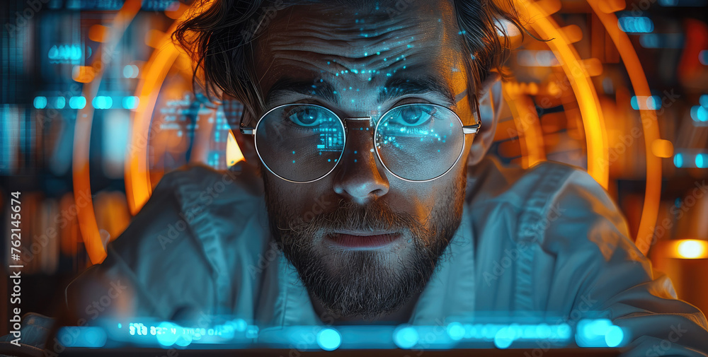 Poster a male programmer are navigates the intricate complexities of data analysis, his laptop a conduit to