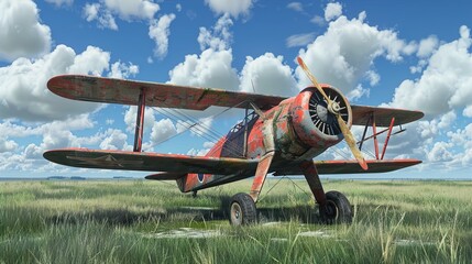 A weathered biplane parked on a grassy airstrip, its fabric wings adorned with faded insignias from past adventures, set against a clear blue sky dotted with fluffy white clouds.