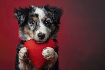 Cute Pup Holding Heart Shape Against Solid Background, AI Generative
