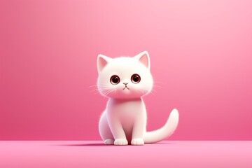 a white cat sitting on a pink surface - obrazy, fototapety, plakaty