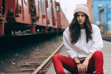 A young girl dressed in urban clothing, with pants and sweatshirt posing on the street - 762146416