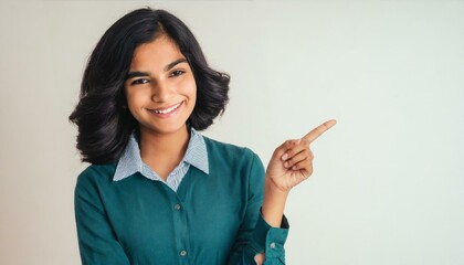 Firefly close-up of a beautiful smiling young Indian woman pointing point pose on copy space white ba (3)