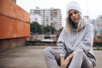 A young girl dressed in urban clothing, with pants and sweatshirt posing on the street - 762146437