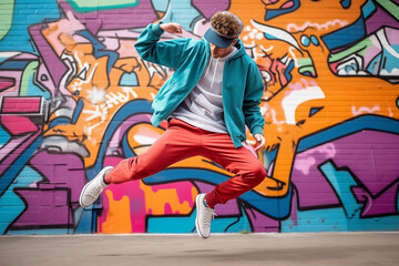 Young boy dressed in colorful urban clothing, sneakers and cap dancing in the street with graffiti behind - 762146490