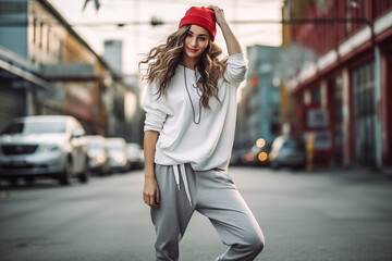 A young girl dressed in urban clothing, with pants and sweatshirt posing on the street - 762146496