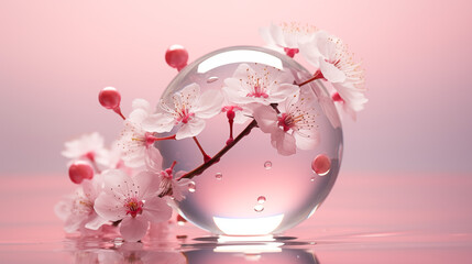 Glass of strawberry ice cream topped with cherry, surrounded by pink flowers and chocolate, a delicious dessert in a spring setting