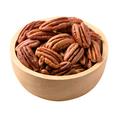 Raw peeled pecan nuts in wooden bowl 