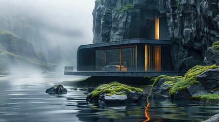 Luxurious and modern matte black villa located near the side of mountain, black rock with green moss and water, organic architecture. Generative AI.