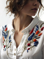 A white linen shirt on a woman's body with handmade embroidery. Beige embroidered spikelets, cornflowers. Dry herbs, flowers. Stylish modern authentic unique art. Business. Fashion industry. Trendy.