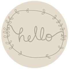 Hello hand lettering black text on minimal color circle background. Modern calligraphy style