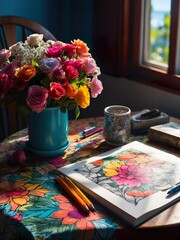 The coloring book lies on the table, half painted. Floral print, vase, tablecloth. Flowers, pencils. Sunlight. Shadows. Bright colorful artwork. Cozy creative space. Hobby time. Imagination. Pleasure.
