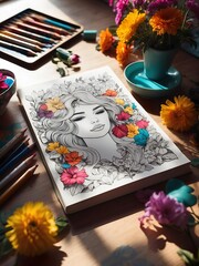 The coloring book lies on the table, half painted. Floral print, young girl. Flowers, pencils. Sunlight. Shadows. Bright colorful artwork. Cozy creative space. Hobby time. Imagination. Pleasure. 