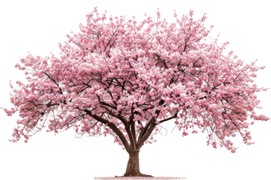 A large pink tree with Cherry Blossoms Sakura, pink blossoms. The tree is the main focus of the image. The image evokes feelings of peace and serenity